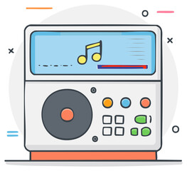 Obraz premium Cartoon Radio Receiver with Display Audio Level and Music Note Icons Modern Flat Vector Illustration