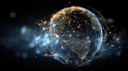 Futuristic Digital Globe with Connected Nodes and Light Trails Against Dark Background Representing Global Network and Technology Innovation