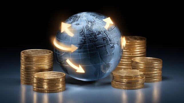 Global Currency Exchange and Trade Concept with Coins around a Rotating Earth Showing Financial Growth and Economic Flow