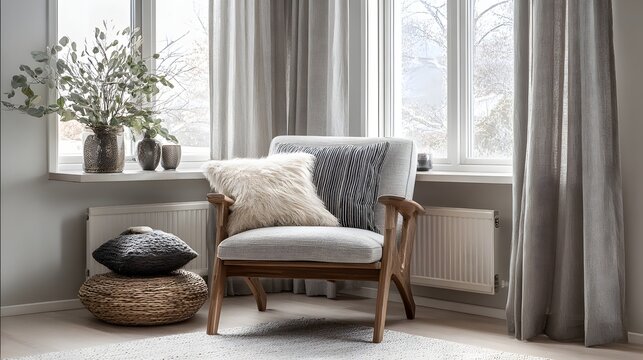 Scandinavian style living space with curtain and chair arrangement
