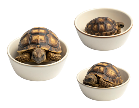 Three baby tortoises in white bowls
