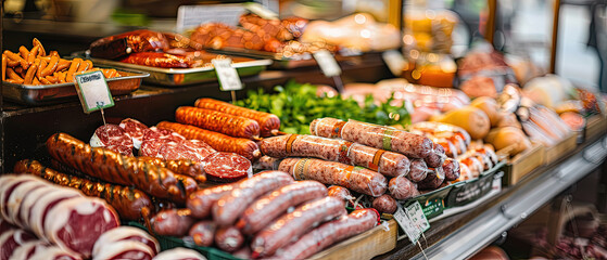 Assorted sausages, salami, and cured meats neatly arranged in a deli display case at a butcher shop or grocery store.