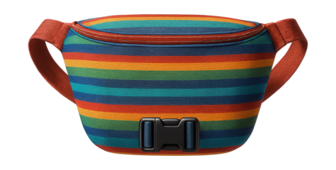 Striped belt bag with a plastic buckle and adjustable strap.