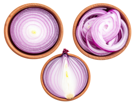 Red onion slices in bowls