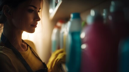A woman wearing yellow gloves and apron organizes cleaning products on a shelf