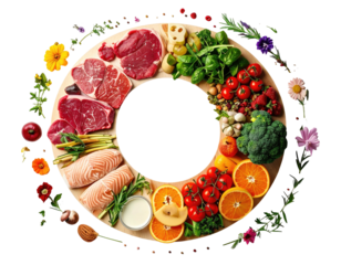 Colorful food arrangement in a circular pattern