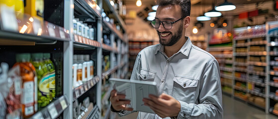 A cheerful man stands in a grocery store aisle holding a digital tablet, managing inventory, checking products, or conducting retail business analysis.