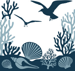 Silhouette of Seagulls Flying Over Coral Reef and Seashells