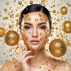 Golden beauty woman face surrounded by luxurious orbs and droplets isolated on white background