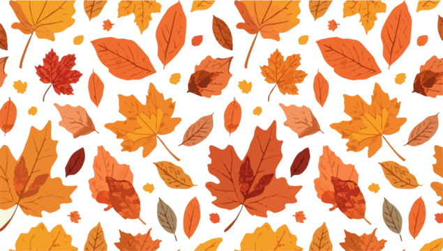 A vibrant fall leaf pattern in a flat design style, featuring a variety of colorful leaves in shades of orange, yellow, red, and brown With png Transparent 