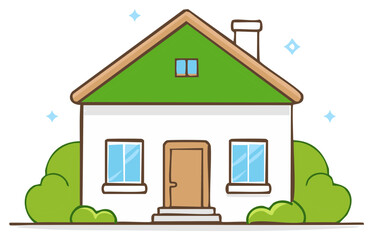 Sparkling clean family home with a green roof cartoon vector illustration