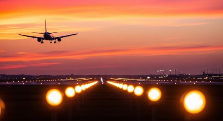 Airplane landing on runway at sunset with bright lights guiding the aircraft to a safe touchdown