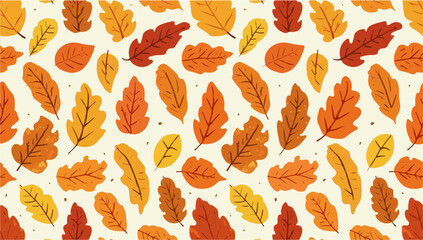 Vector design of A vibrant fall leaf pattern in a flat design style, featuring a variety of colorful leaves in shades of orange, yellow, red, and brown