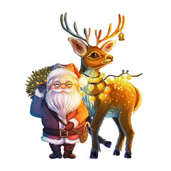 Festive Christmas illustration of Santa and reindeer. New Year's print with glowing lanterns for cards, invitations, prints