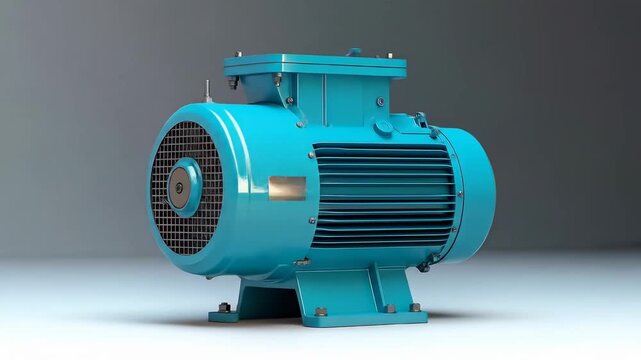 Detailed 3D Animation of a Blue Industrial Electric Motor.
