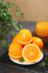 Fresh Sweet Navel Oranges with Orange Juice - Healthy Citrus Breakfast Food Photography