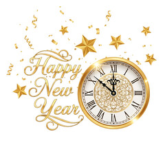 A Golden New Year: An ornate golden clock ticks away the moments, as the festive Happy New Year inscription graces the scene, surrounded by radiant stars.