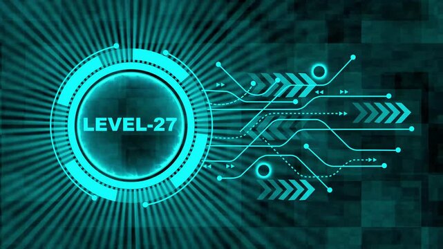 Level-27 text glowing animation with technology background. Level-27 text glowing animation. technology abstract background of animation concepts. 4k video motion graphic animation.