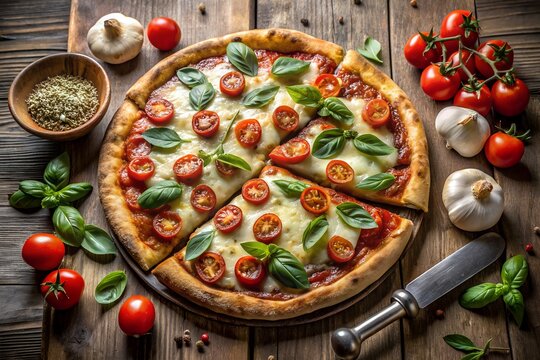 Overhead shot of a delicious homemade pizza with cherry tomatoes and basil on a rustic wooden table, food photography