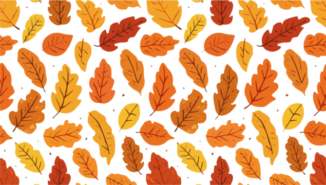 A vibrant fall leaf pattern in a flat design style, featuring a variety of colorful leaves in shades of orange, yellow, red, and brown PNG Transparent 