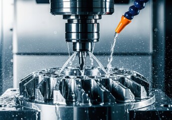 Metalworking cnc milling machine cutting metal part with coolant fluid