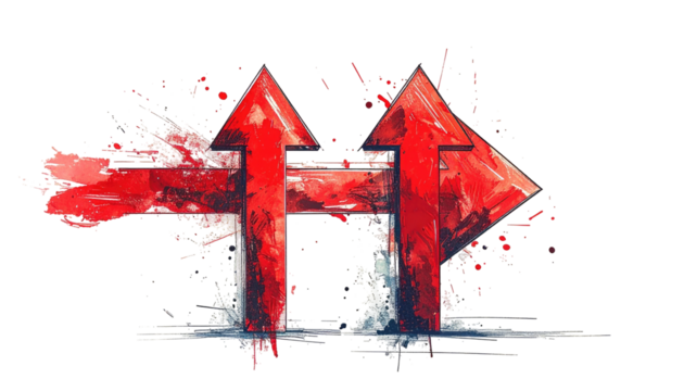 Two red arrows, angled opposite directions, erupting from a splash of liquid