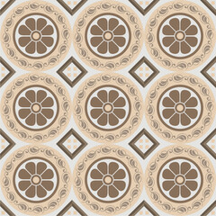 Elegant vintage floral circle Elegant vintage floral circle tile pattern in warm beige and brown tones, perfect for wall art, floor tile, home décor, and backgrounds....