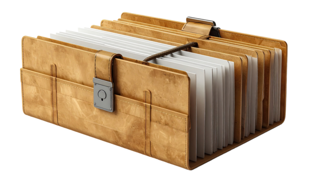 A closed, light-brown leather file box