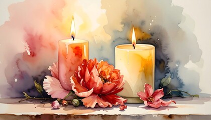 Two Candles and a Flower Arrangement.