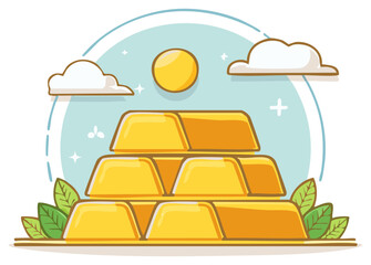Cartoon illustration of a gold bar stack with leaves, sun and clouds in a stylized drawing