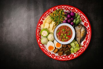 A set of thai cuisine shrimp paste dip with fried mackerel ,soft boiled eggs and set of vegetables