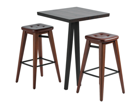 Square dark wood table with two brown leather-topped bar stools