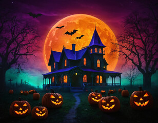 Halloween Castle with Flying Bats and Glowing Pumpkins