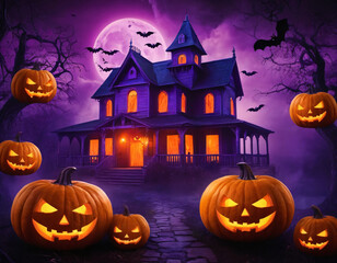 Halloween Night Scene with Pumpkins and Bats Illustration