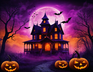Halloween Castle with Flying Bats and Glowing Pumpkins