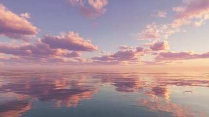 Serene ocean reflecting a pastel sky with soft, fluffy clouds during a gentle sunrise or sunset