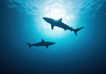 Naklejka premium Shark Silhouettes in the Deep Ocean