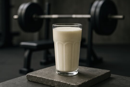 Glass of creamy casein protein shake placed in a gym setting with barbell in the background, symbolizing muscle recovery