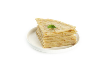 Stack of Thin Layered Pancakes with Fresh Herb Garnish on White Plate