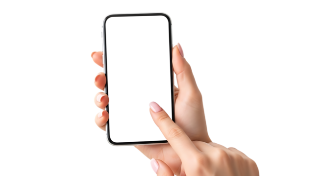 Female hand holding smartphone with blank white screen mockup display