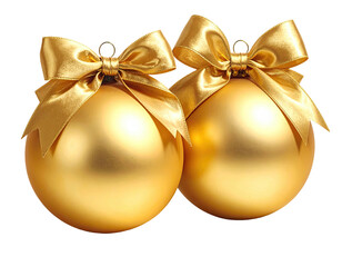 Two golden Christmas ornaments with satin ribbons
