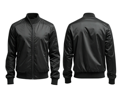 Front and back view of a black bomber jacket