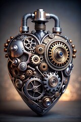 Intricate steampunk heart crafted from gears, cogs, and pipes, symbolizing love, technology, and victorian era aesthetics