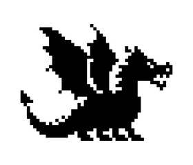 Pixel art black dragon silhouette on white background. cute cartoon retro style.