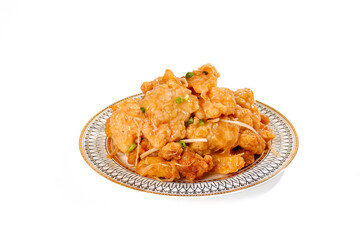 Crispy Golden Fried Pork Pieces on Ornate Plate - Traditional Old-Fashioned Cooking Style