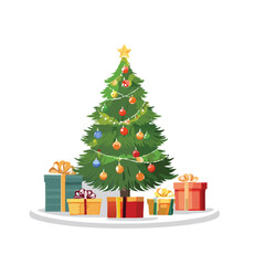 A decorated Christmas tree stands on a white surface, surrounded by colorful wrapped gifts with bows, ready for the holiday season.
