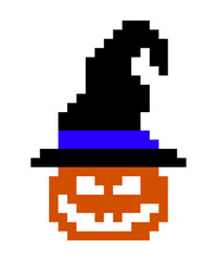 Fototapeta premium Pixel art halloween pumpkin with witch hat. fun cartoon retro style. horror concept.