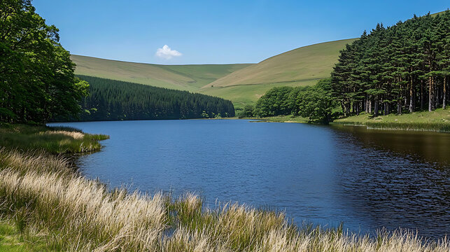 A lake with a forest in the background