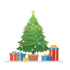 A decorated Christmas tree in a pot, adorned with ornaments and a star, surrounded by colorful wrapped gifts.