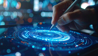 Digital Design at Work: Close-up shot of a hand holding a digital pen, interacting with a tablet displaying a complex data visualization, demonstrating cutting-edge technology in action.